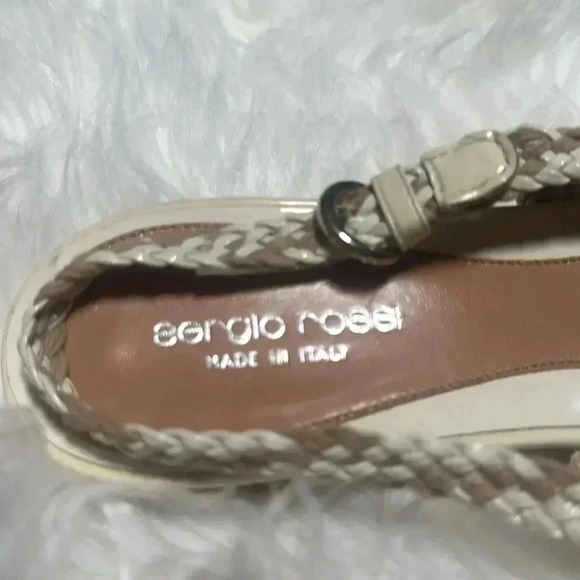 Sergio Rossi Cream/Tan Patent Woven Sling-backs made in Italy - Picture 7 of 10